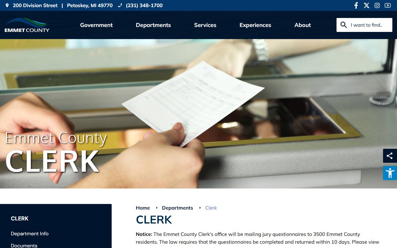 Emmet County Clerk records office page