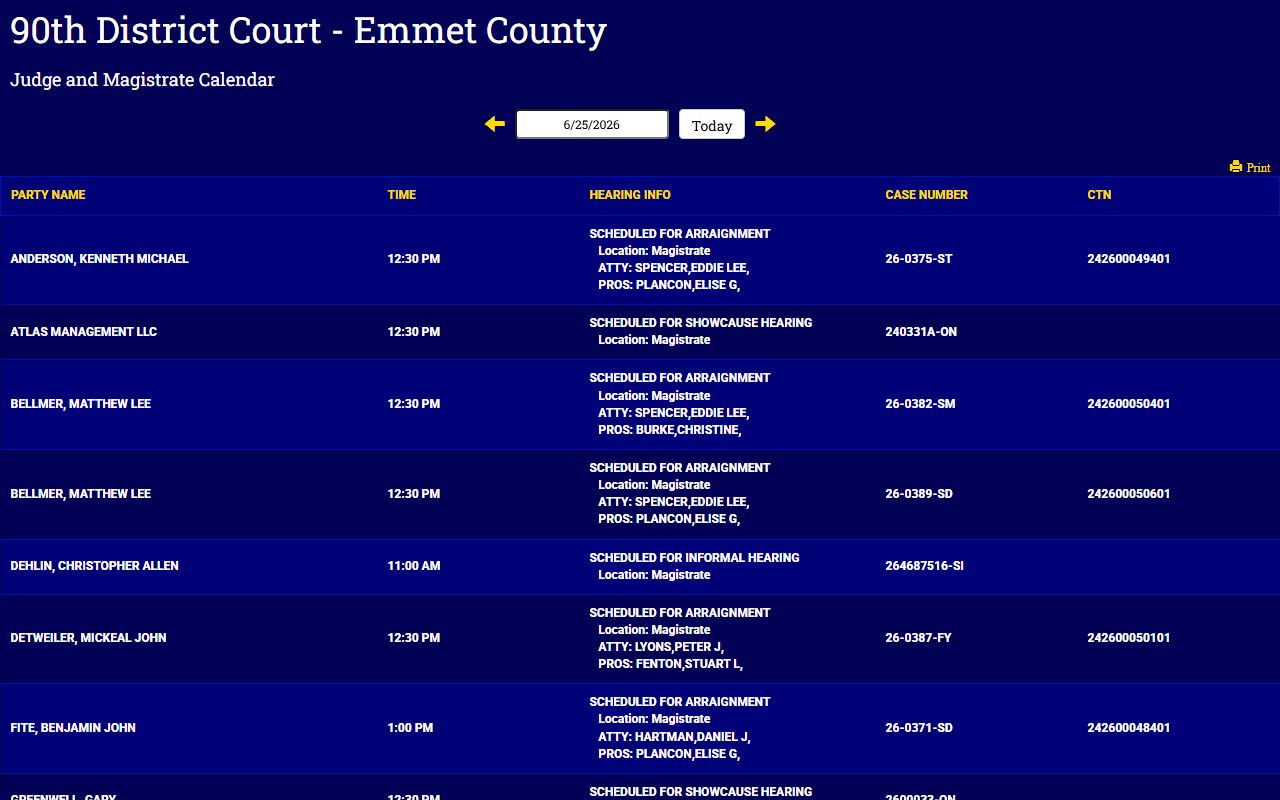 90th District Court docket display for Emmet County court dockets