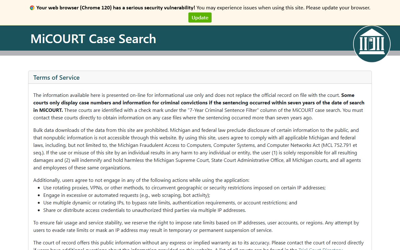 MiCOURT case search home for Emmet County court records