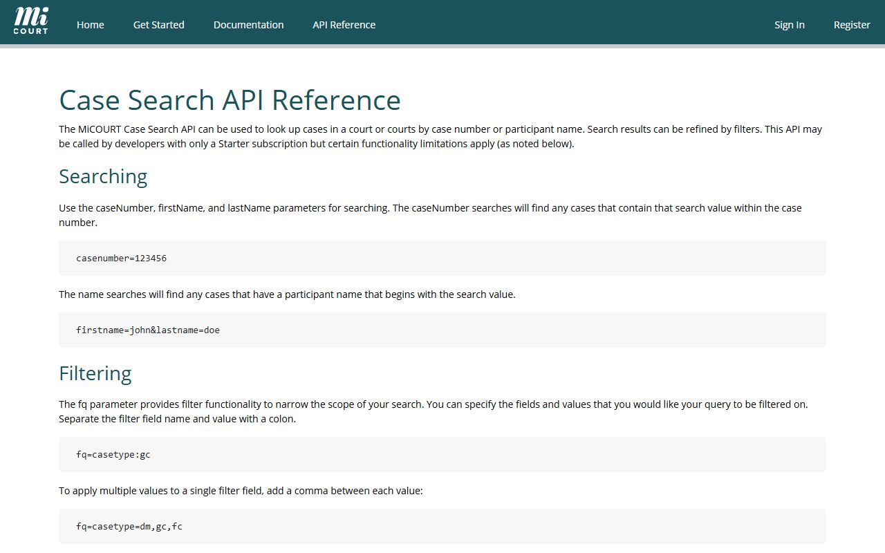 MiCOURT case-search API docs for Emmet County court records