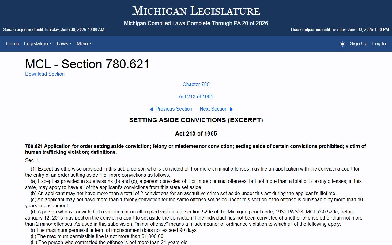 Emmet County criminal court records expungement statute