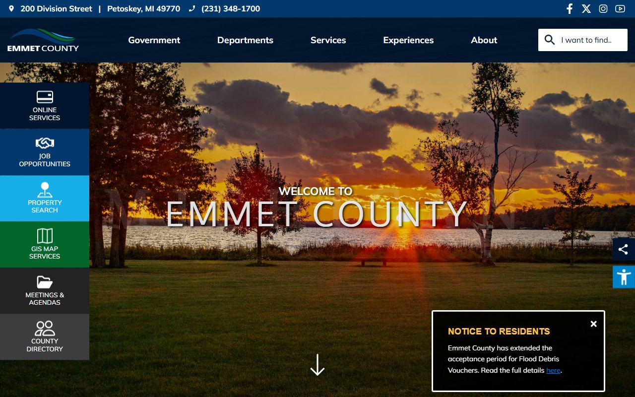 Emmet County home page linking to court records and services