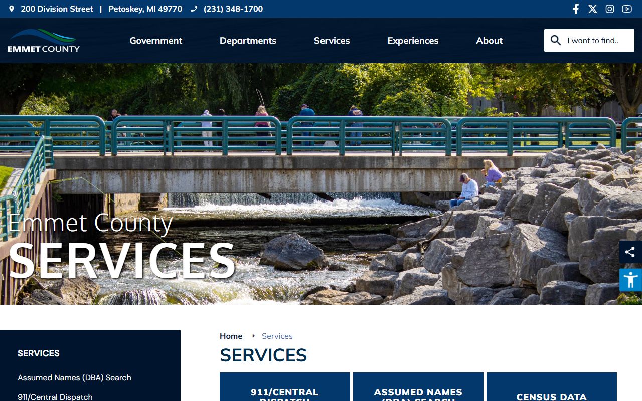 Emmet County services index with links to marriage, death, and court record searches