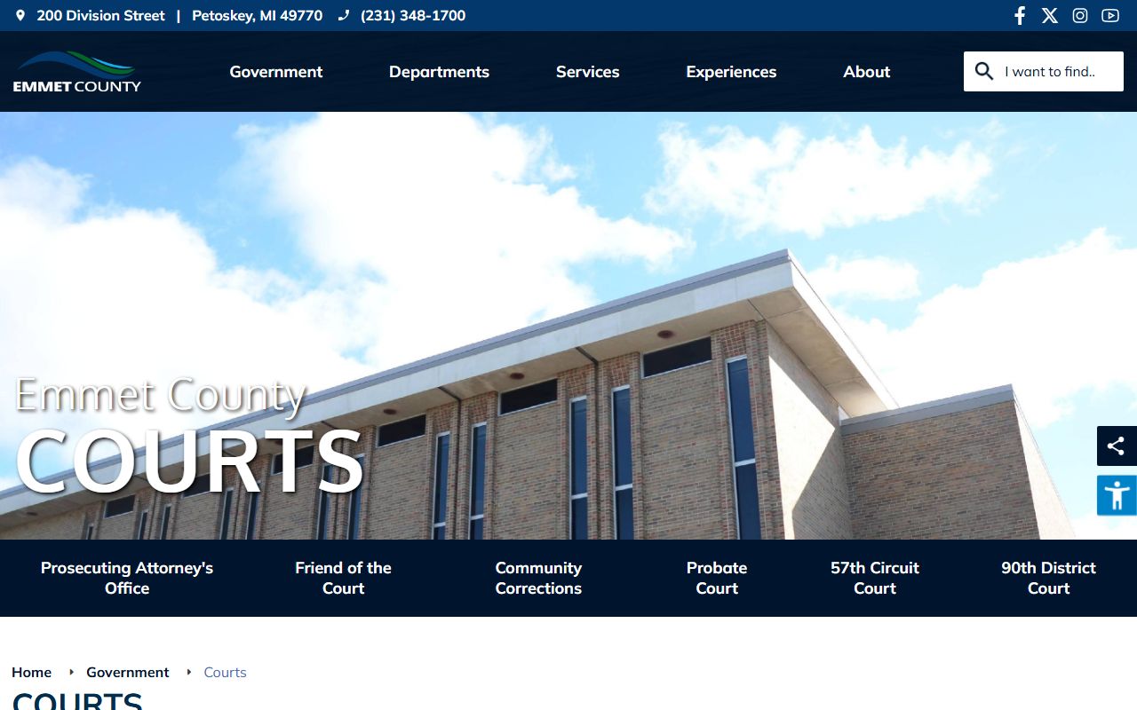 Emmet County courts landing page with links to each trial court