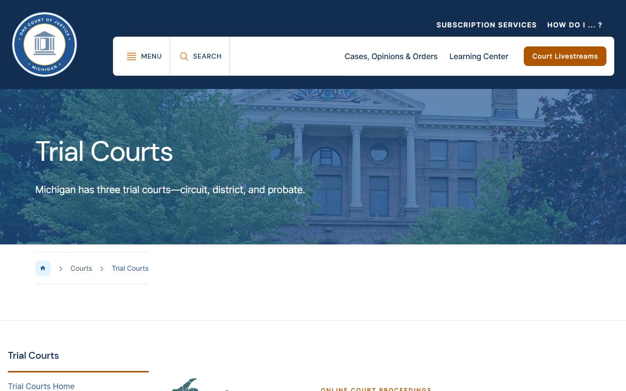 Michigan trial courts overview page relevant to Emmet County court records access