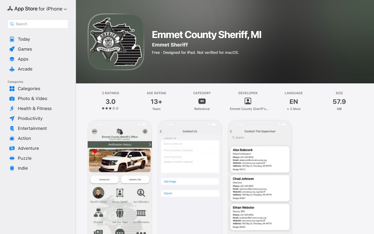 Emmet County inmate and Sheriff mobile app on the Apple App Store