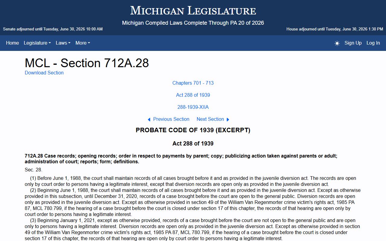 Emmet County probate records Michigan juvenile records statute MCL 712A.28