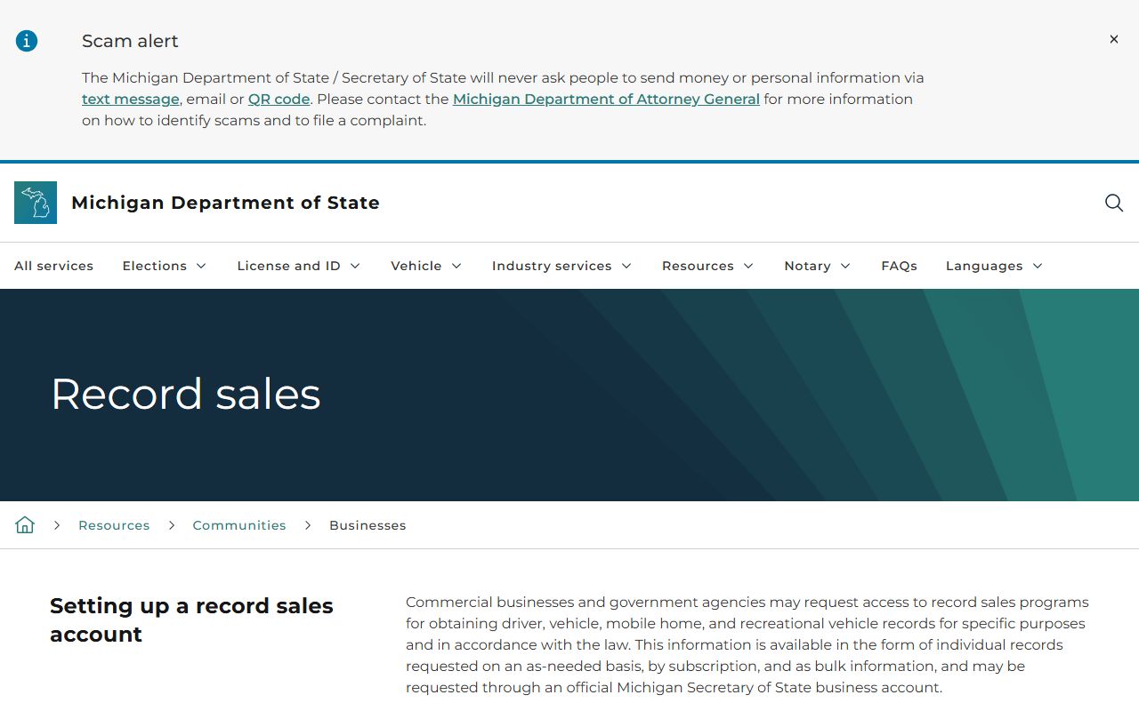 Emmet County traffic driver record request through Michigan Secretary of State record sales