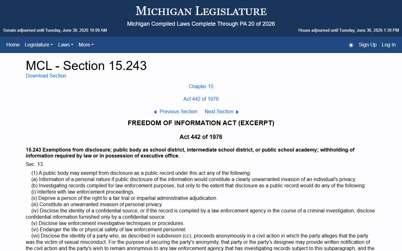 Emmet County records exemptions under Michigan FOIA statute