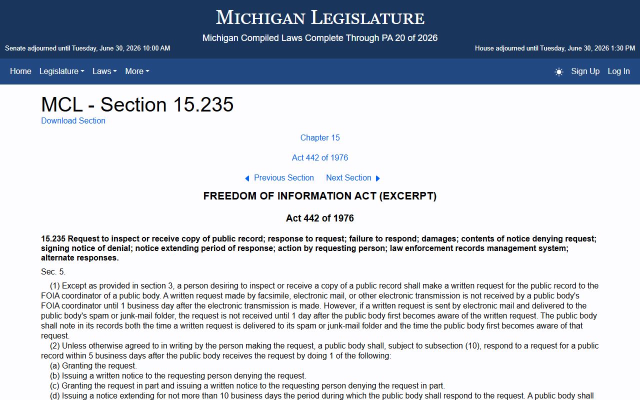 Emmet County records access under Michigan FOIA written-request statute
