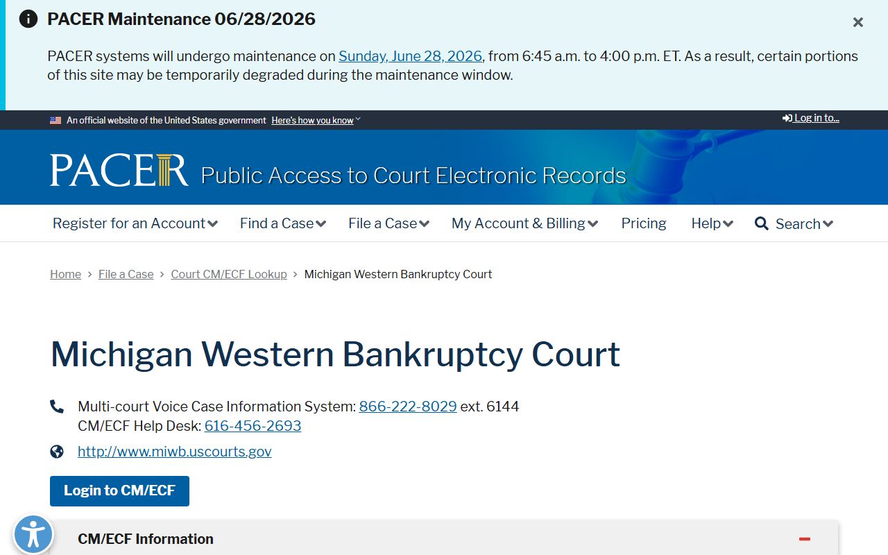 Emmet County federal bankruptcy records through the PACER Western District lookup