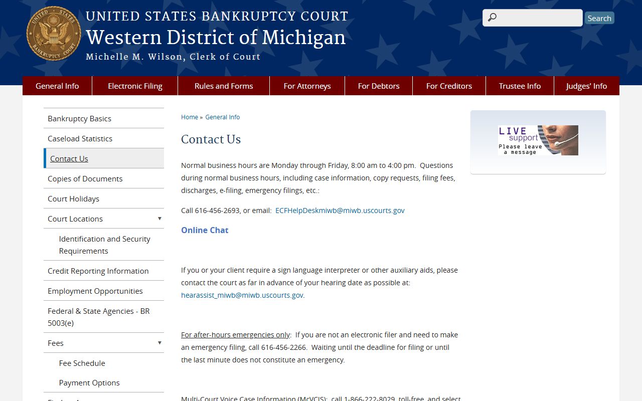 Emmet County federal bankruptcy court contact page for the Western District of Michigan