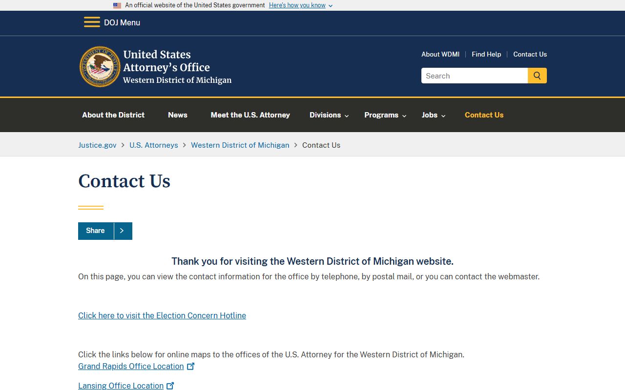 Emmet County federal court charges and the U.S. Attorney Western District of Michigan contact page